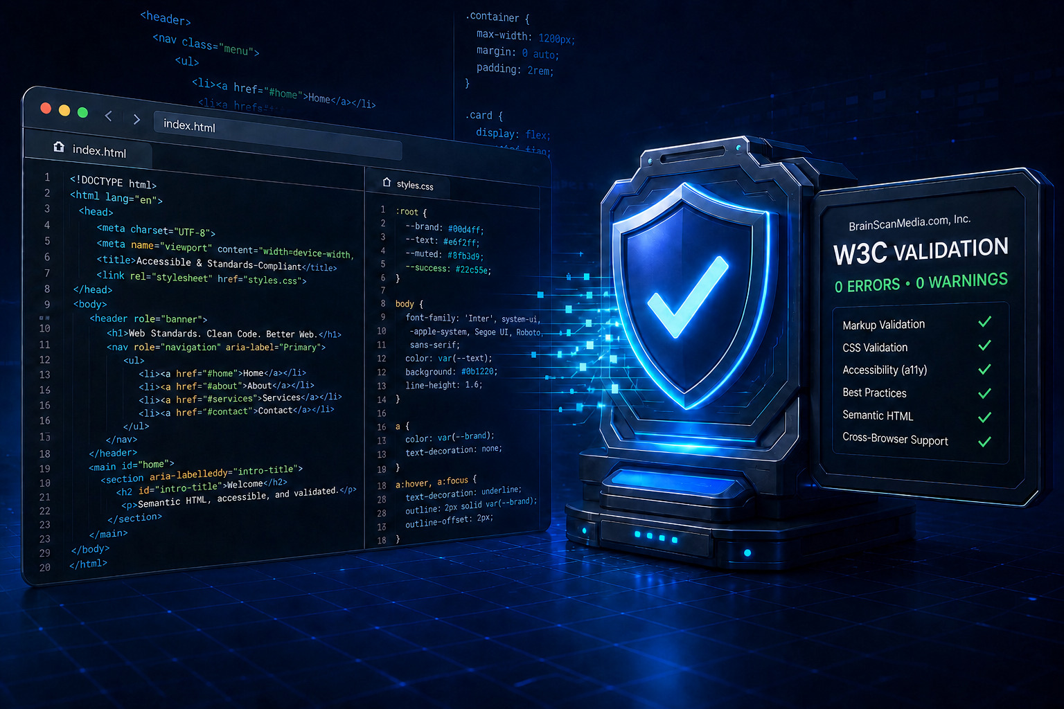 Website code passing W3C markup, CSS, accessibility, and cross-browser validation checks